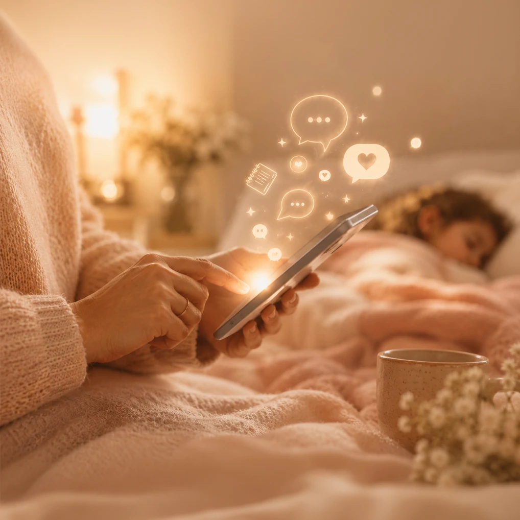 Mama uporablja telefon, iz katerega se širijo simboli pogovora in podpore