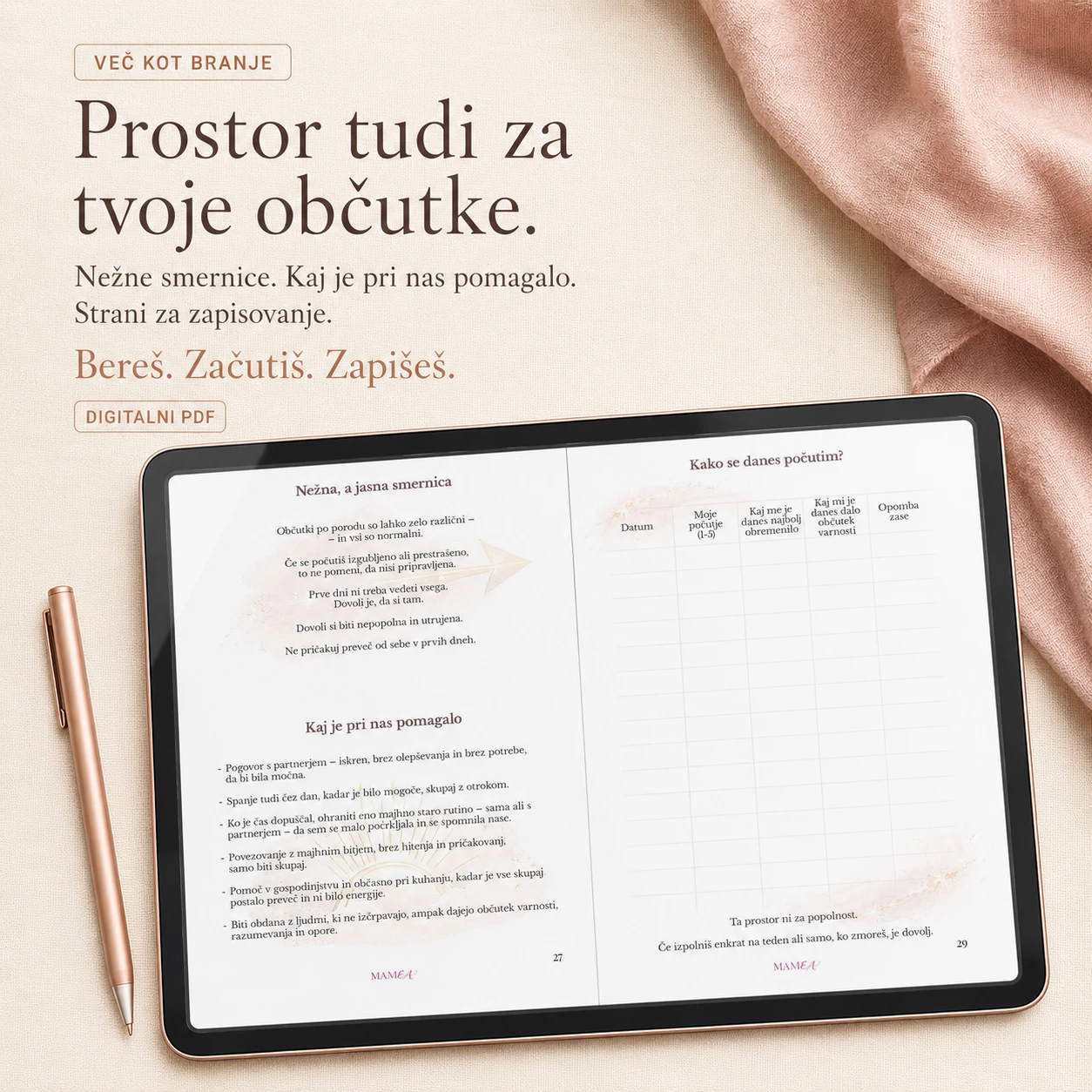 Strani priročnika s prostorom za zapisovanje občutkov.